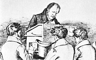 Friedrich Hegel (1770-1831) mit Studenten. Lithographie aus: Franz Kugler – „Das Wissen des 20.Jahrhunderts, Bildungslexikon“, Rheda, 1931