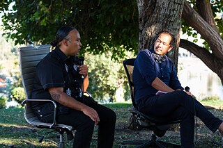 Joel Garcia and Rosten Woo in discussion at MacArthur park for Civic Displace, part of the event series Yaangna, Beyond LA. Indigenous Frameworks. 