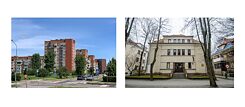 Zwei Fotos mit den Gebäuden in Klaipėda: ein fünfstöckiges Haus aus der Sowjetzeit und ein Haus im Bauhausstil
