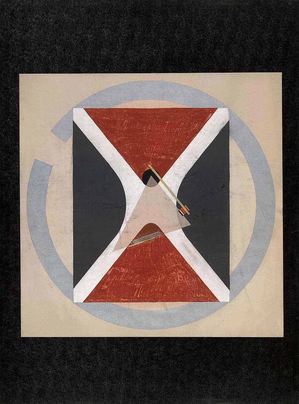 Proun 43. Geprägtes schwarzes Papier, aufgeklebt auf Karton, Gouache, Aquarell, Tinte, Graphit, Aluminiumfarbe, farbige Papieraufkleber. Um 1922. Staatliche Tretjakow-Galerie, Moskau, Russland
