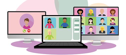 Eine Illustrationen mit drei Bildschirmen, auf denen Leute dargestellt sind, die an einem online Gespräch teilnehmen