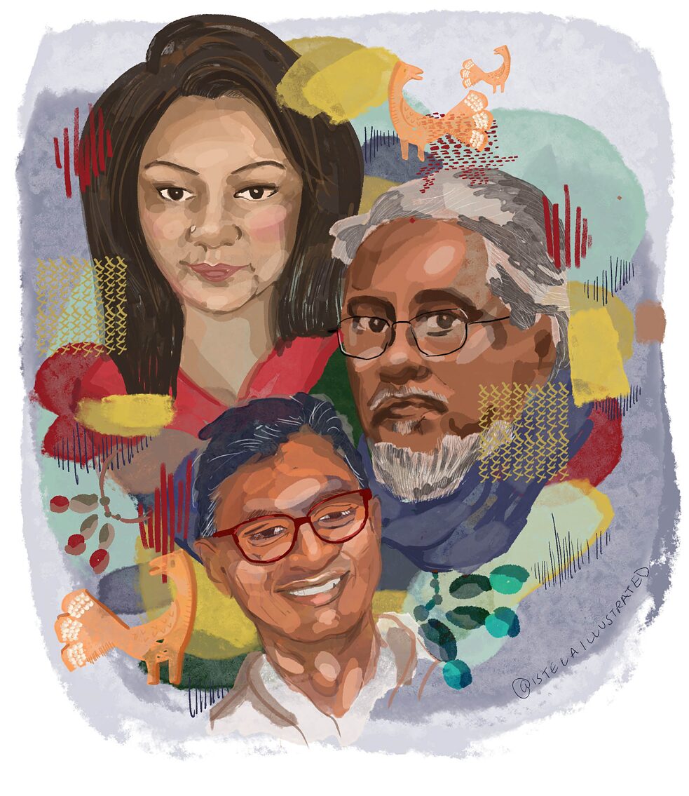 Repräsentant*innen des National Crafts Council of Bangladesh: FARZANA YUSUF, CHANDRA SHEKHAR SHAHA, SHEIKH SAIFUR RAHMAN (Uhrzeigersinn) 