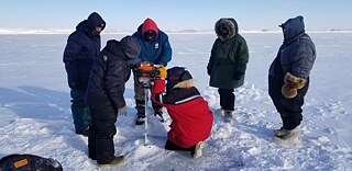 To deploy the SmartBUOY, the SmartICE team must drill through layers of ice. Since 2013, SmartICE has gone through four generations of the massive, stationary ice-thickness sensors. 