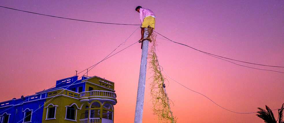 Aftermath of hurricane Bulbul in the southern Bengal region: Repairing a damaged power line, Bakkhali, India 2019 