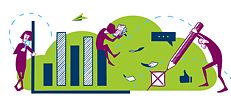 Illustration: Person, die mit einem großen Stift etwas ankreuzt, Balkendiagramm, Person mit mehreren Blättern Papier, Frau mit Lupe