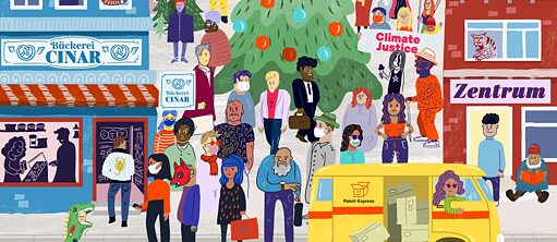 Eine Straße auf der viele unterschiedliche Leute mit und ohne Maske unterwegs sind. Im Hintergrund ist ein Tannenbaum, eine Bäckerei und ein Stadtteilzentrum