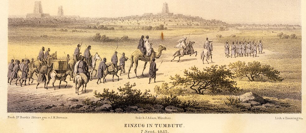 Chegada de Heinrich Barth em Timbuktu, 1853, em: Barth, Heinrich (1857-58). Viagens e descobertas no Norte da África e na África Central 1849–1855, vol. IV, Gotha: Justus Perthes. 