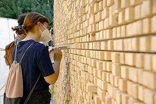 A young woman is pulling a wooden block out of the wall