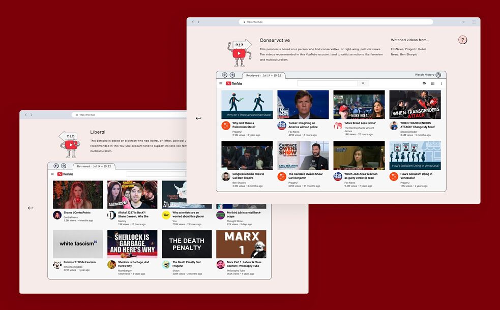 Screenshots from the TheirTube project from Tomo Kihara