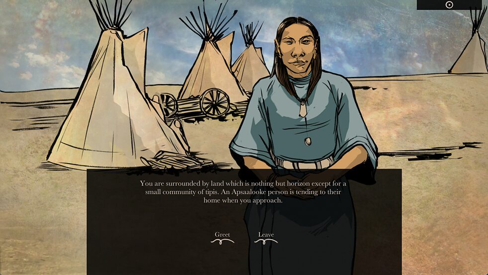 You are surrounded by land that is nothing but horizon except for a small community of teepees. An Apsaalooke person is tending to their home as you approach.