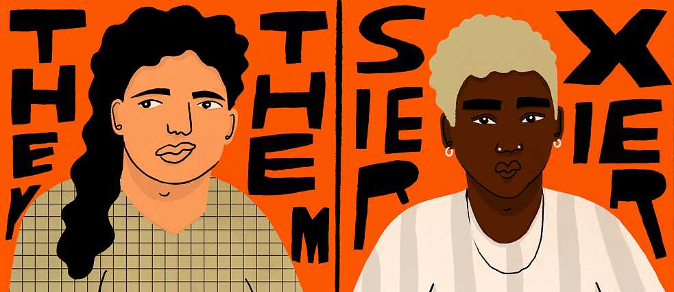 A black and a white person in front of an orange background with the word "they", "them", "sier" and "xier" written on it.