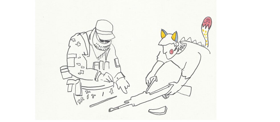 Das Interessante an Sebastian Lörschers ZNAKI-Serie ist nicht nur, dass dort allerhand kurios verkleidete Menschen und skurrile Persönlichkeiten zu sehen sind, sondern insbesondere auch die Tatsache, dass sich das Militär unter die Veranstaltung geschlichen hat. Mit dem Ziel, unter den Besuchern dort Werbung zu machen, nicht nur für Waffen.