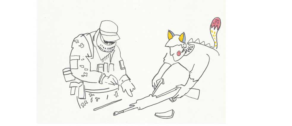 The interesting thing about Sebastian Lörscher's ZNAKI series is not only that there are all sorts of curiously disguised people and bizarre personalities to be seen, but also in particular the fact that the military has crept in among the event. With the aim of advertising among the visitors there, not only for weapons.