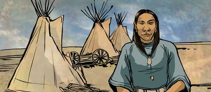Alrededor, tierras que no son más que un horizonte, excepto una pequeña comunidad de tipis. Una persona apsaalooke cuida su morada, a medida que uno se acerca. 