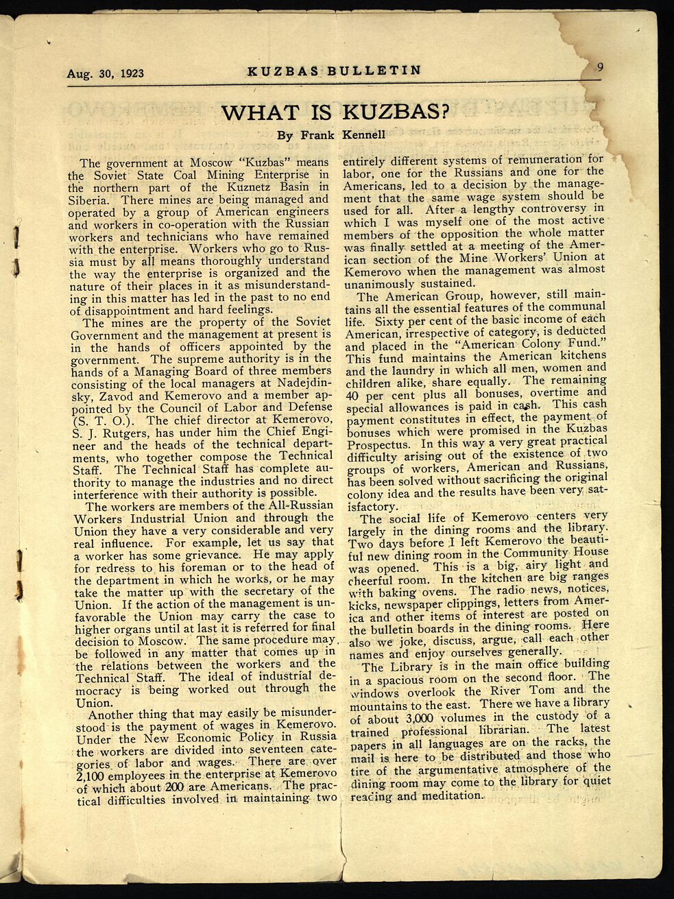 Bulletin Kuzbas, vol. 2, issue 3, page 9. Article “What is Kuzbas?”. New York. Written by F. Kennell // 1923