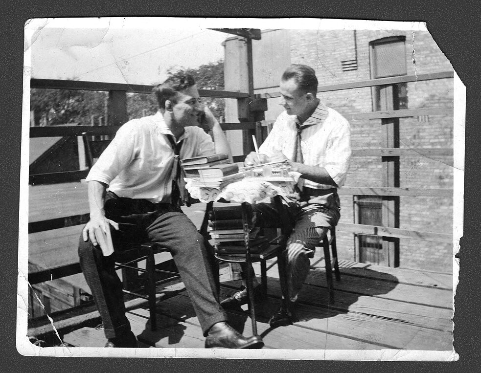 Zh. Baiskich sitting at a veranda with a friend. Kemerovo. // 1920s