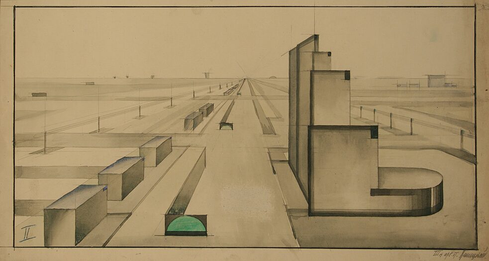 Straßenperspektive. Architekturzeichnung. Omsk. Autor: A. W. Linezki // 1920-er Jahre