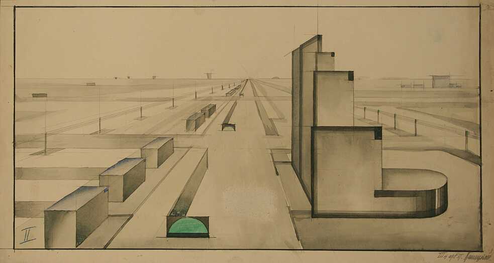 Straßenperspektive. Architekturzeichnung. Omsk. Autor: A. W. Linezki // 1920 er Jahre 