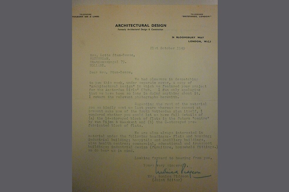 Brief von Architectural Design an Lotte Stam-Beese, London 1949