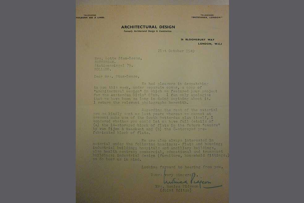 Brief von Architectural Design an Lotte Stam-Beese, London 1949