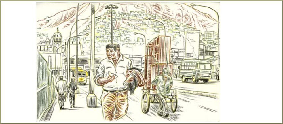  Die peruanische Hauptstadt Lima ist nach Kairo die zweitrockenste Stadt der Welt. Grünpflanzen gedeihen nur dort, wo regelmäßig LKWs mit Wassertanks vorbeifahren und sie gießen. Etwa 8,6 Millionen Einwohner verteilen sich sehr unterschiedlich: Es gibt sehr reiche florierend Stadtteile, während am Stadtrand, die Armenviertel (Pueblos Jóvenes) die staubigen Hänge emporwachsen.  