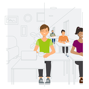 Illustration einer Gruppe an Tischen: Links zu Hause, rechts im Klassenzimmer