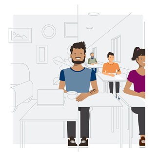 Illustration: Klassenzimmer, Mann sitzt am Tisch, Laptop und Tasse stehen auf dem Tisch.