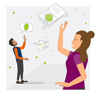 Illustration:  Fröhliche Lernende greifen nach Büchern, Sprechblasen und einer Deutschlandkarte, die durch die Luft fliegen.