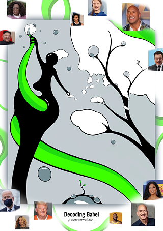 Abstract graphic in black, white and green with lettering Decoding Babel and photos of famous people