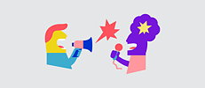 Illustration: Zwei Personen, seitlich abgebildet, einander gegenüber; beide haben Ihre Münder offen, die Linke Person hält ein Megafon mit gezackter Sprechblase, die rechte Person ein Mikrofon