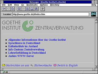 Die erste Webseite des Goethe-Instituts, die 1995 online geht.
