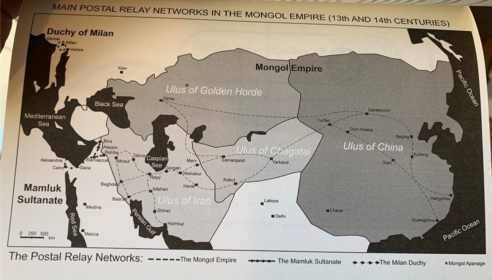 モンゴル帝国（13〜14世紀）の主要な駅伝ネットワーク、ディディエ・ガザナドウ、『The Diffusion of a postal relay system in premodern Eurasia』、Editions Kime、2016年、123貢