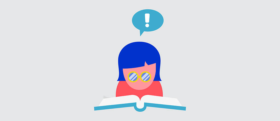 Illustration: Eine Person mit Brille blickt in ein aufgeschlagenes Buch