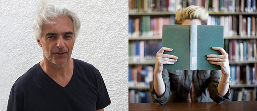 Montage d’un portrait de Laurent Cassagnau et d’une femme tenant son visage derrière un livre