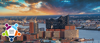 Hamburg on a summer evening with an IDO logo