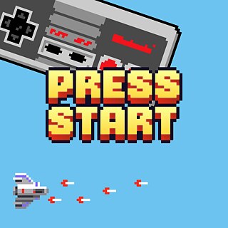 Das Cover ist hellblau, oben links im Bild ist eine graue Spielekonsole abgebildet, unten eine Rakete, die Pfeile abschießt, beide Darstellungen leicht verpixelt wie in einem alten Videospiel. Im Vordergrund steht in gelben Großbuchstaben Press Start.  