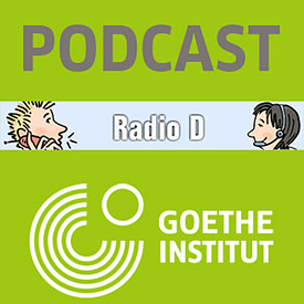 A white column is cut out on a green background, in which you can see the faces of two people who have been drawn and are talking to each other over a telephone. The title of the podcast is written between the two faces: "Radio D". 