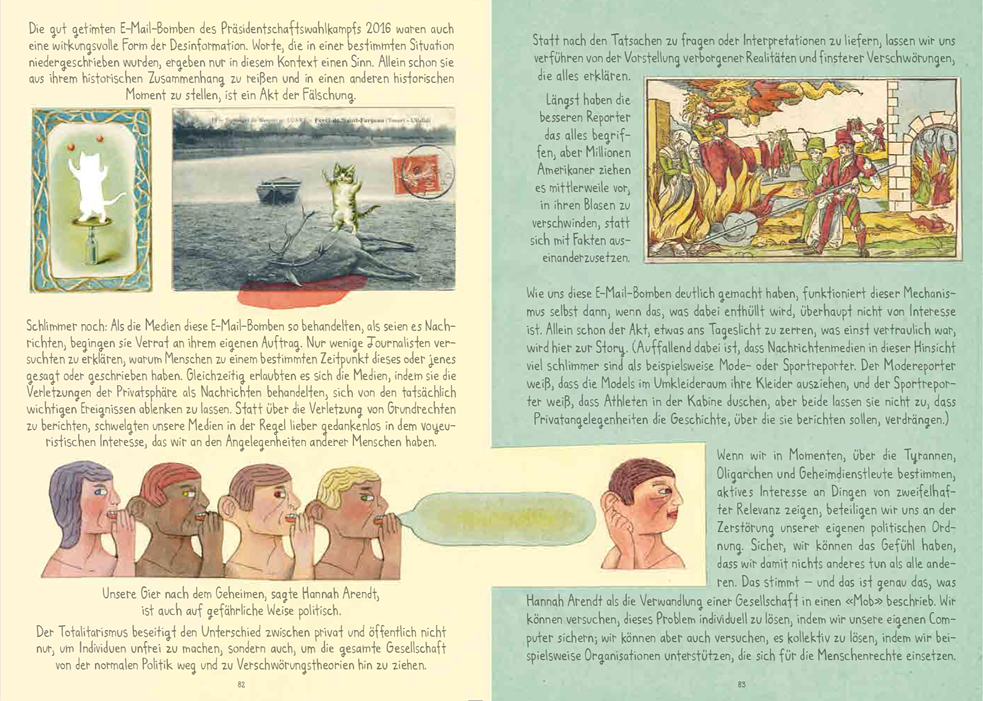 Rumors - Postcard credit left page: Antique shop: (top left) Lion Coffee ad, late 1800s, (top right) French postcard, 1907, Image credit right page: Zentralbibliothek Zürich: Burning of witches in Derenburg, printed and published by Jörg Merckel and Endres Zenckel in 1555.  