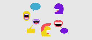 插圖：許多張開的嘴巴帶有不同顏色，有些搭配對話框