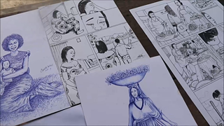 Eine Variation an Comicskizzen, die eine Frau mit Kind, eine Frau, die etwas auf ihrem Kopf trägt, sowie eine Frau in mehreren Comic-Panels zeigt.