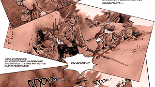 Excerto de uma cena cómica de uma banda desenhada francesa mostrando soldados numa trincheira.
