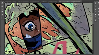 Illustration of an action scene from a comic, which is opened in the Photoshop programme.