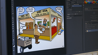 Illustration of a screen on which a comic is being edited in Photoshop.
