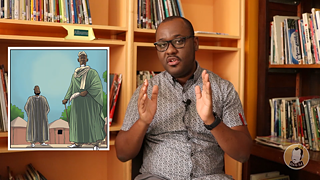 A picture of a comic showing two African men, next to which the comic artist is explaining something.