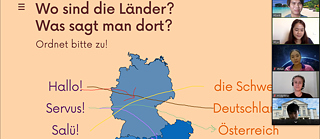 Students from an online course look at a map of Germany. © ส่วนหนึ่งของภาพถ่าย: © สถาบันเกอเธ่ ประเทศไทย Deutsch-Café 2
