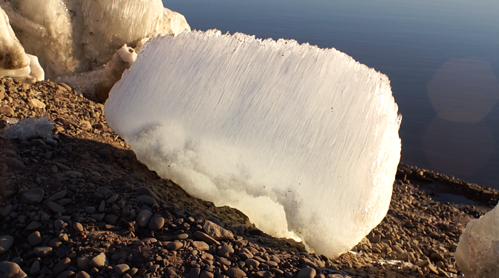 People collect ice water. 