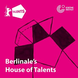The cover is pink, with a drawn spotlight in black on it. In the upper right corner is the logo of the Goethe-Institut, in the upper left corner the logo of Berlinale and the words Talents. At the bottom left is written Berlinale's House of Talents. All words and logos are white. 