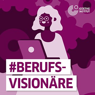 Eine Frau sitzt am Laptop, der Hintergrund ist violett