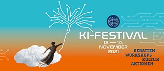 Eine Illustration. Eine Figur steht auf einer Wolke und hält sich an einem Baum fest.