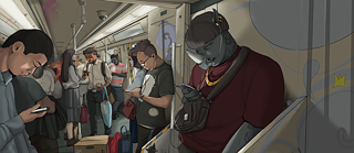 Eine Szene in der U-Bahn in der Menschen und Tiere gleichgestellt miteinander leben.
